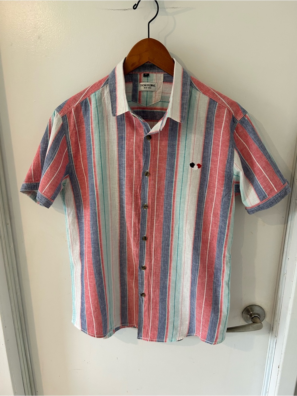 Thom Browne Multicolor Vertical Stripe Short-Sleeve Shirt - Red, Blue & White